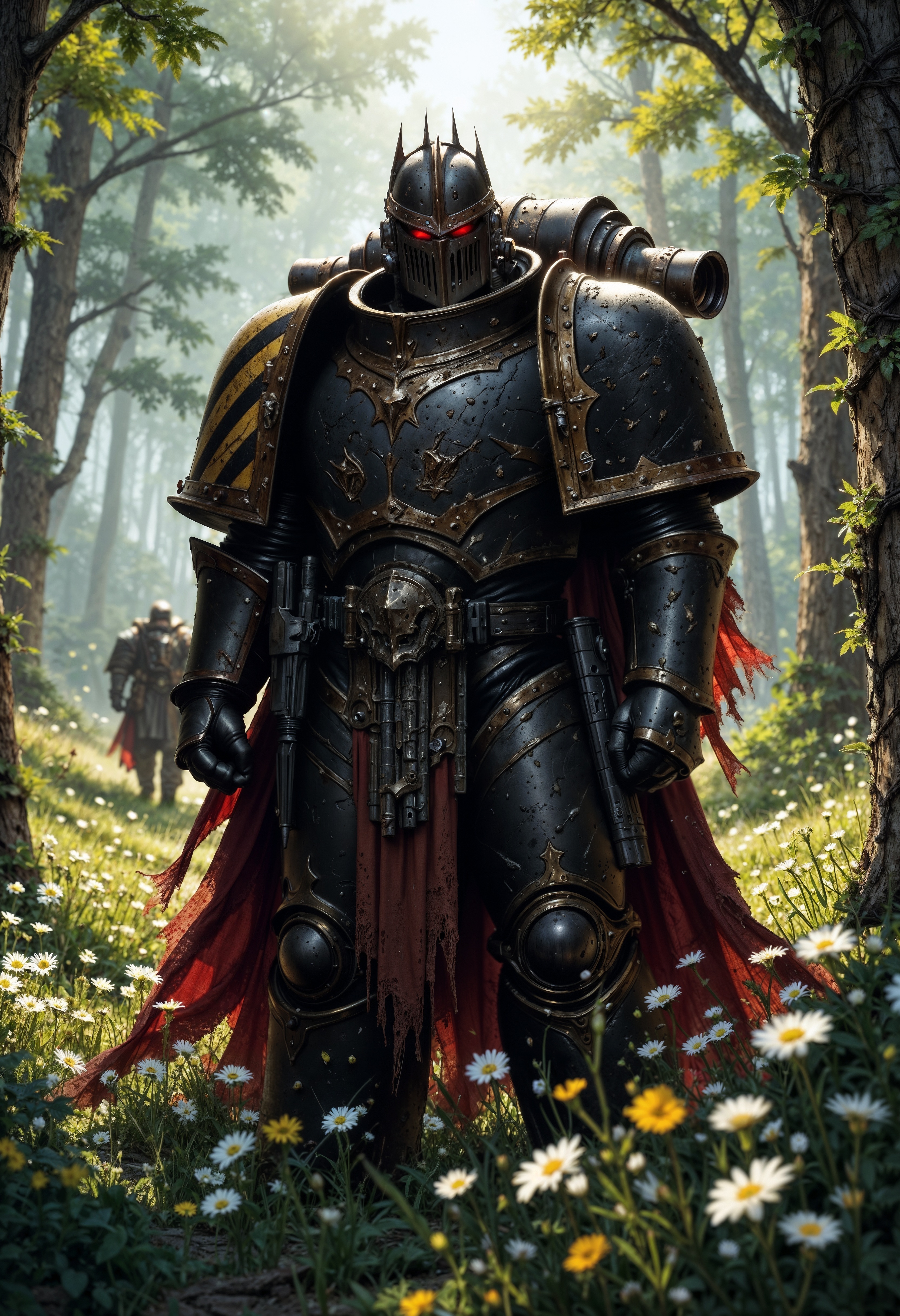 A mysterious, IronW40k armored figure standing in a serene forest setting. The character is clad in worn, IronW40k armor, partially covered by a tattered, red cloak or mantle that flows down, blending with the natural surroundings. Their face is obscured by a dark, metal helmet, lending them an enigmatic and somewhat intimidating appearance. The forest around them is vibrant, with soft sunlight filtering through the trees, illuminating a field of wildflowers. The delicate white flowers contrast with the heavy, battle-worn armor, creating a juxtaposition of beauty and strength. The overall setting feels peaceful, yet there is a quiet tension in the air, as if this warrior has seen many battles and is perhaps a wandering knight, far from the wars they once fought. In the background, the blurred figure of another person can be seen walking through the forest, adding a sense of depth and mystery to the scene. The atmosphere evokes a feeling of solitude, introspection, and a quiet, untold story about the character's journey. The use of light and nature in this composition suggests themes of survival, resilience, and harmony with the natural world, even in the face of conflict.