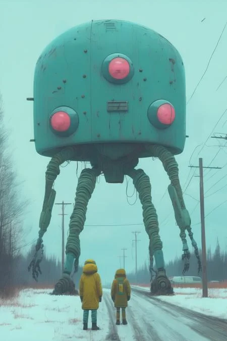 <lora:Simon Stalenhag:1>Simon Stalenhag - drawings in the style of Simon Stalenhag, photographed by Canon EOS, cinematic lighting, natural complexion, extremely high definition shot, aesthetic canon of proportions