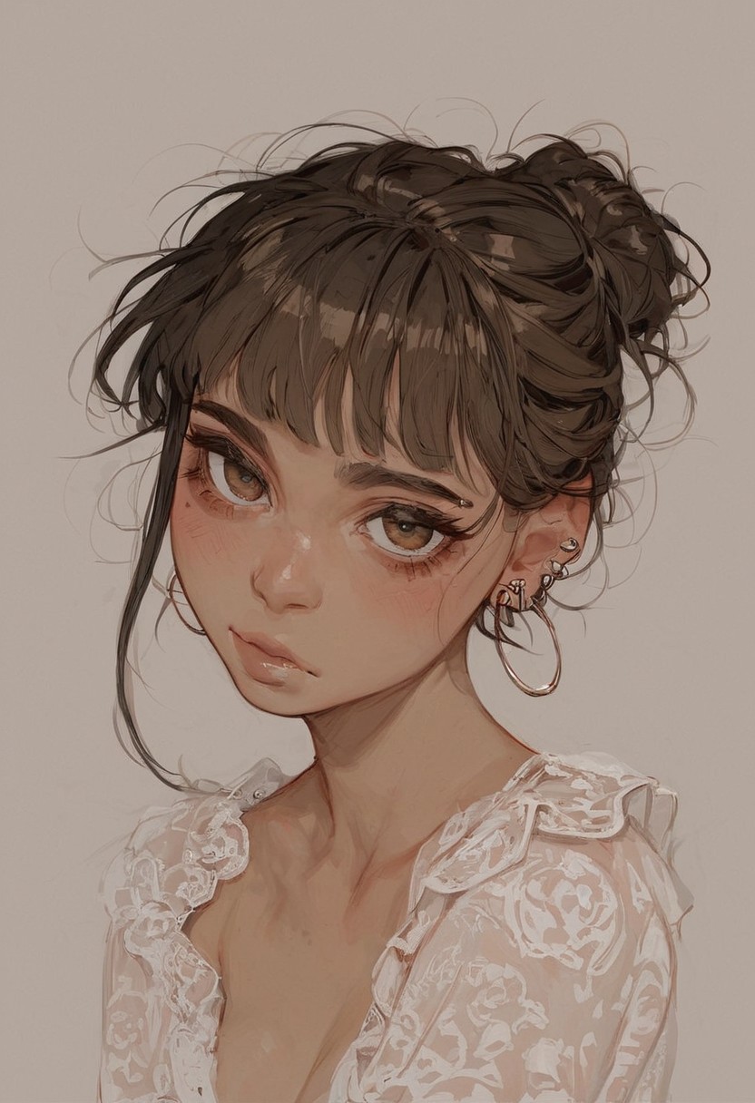 score_9, score_8_up, score_8_up, 1 girl, 1 Latin girl, Latin girl, messy bun black hair with bangs, light brown eyes, slim, big teardrop shaped breasts, no face piercings, earrings, make-up, blush, close-upnto face, seductive, Latina, light brown skin