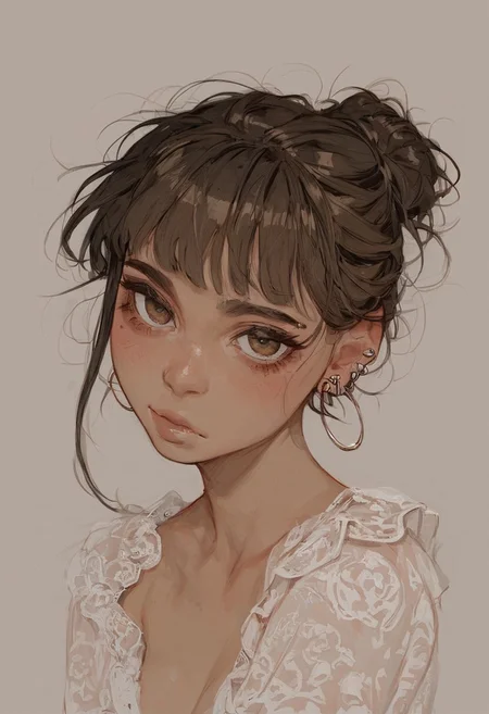 score_9, score_8_up, score_8_up, 1 girl, 1 Latin girl, Latin girl, messy bun black hair with bangs, light brown eyes, slim, big teardrop shaped breasts, no face piercings, earrings, make-up, blush, close-upnto face, seductive, Latina, light brown skin