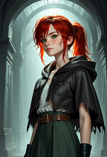 1girl, Masterpiece, 8k, ultra high detail, score_7 up, 
volumetric lighting, vivid colors, vibrant colors,  score_8_up, score_9,  small breast size, sporty red ponytail hair,  fcNeg, stunning green eyes, freckles, white skin, small nose, innocent beauty, slim face,  cute face, skinny body, perfect body, extreme detailed body, intence green eyes,  perfect face, ultra high detailed face, perfect eyes, petite, 
Face fokus, fokus on face, 
Leather wasteland warrior clothes, dark tattered cloak violently thrashing, dark long torn cloak with hood down, dark hood down, 
w4stel4nd3r, fingerless gloves, belt, torn clothes, 2 different leather long skirts,  
d3t41l3d, zPDXL3, 
Inside old bunker, dark corridor,