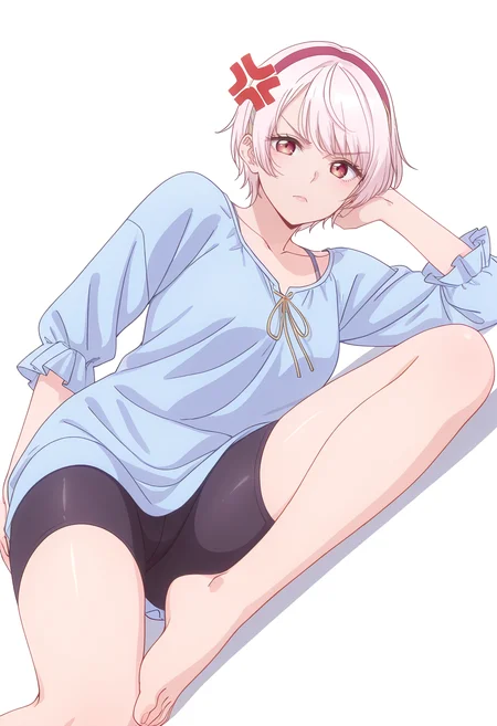 Smooth Quality,masterpiece,beautiful aesthetic, very intricate, high quality details, ultra realistic, high detailed skin,
simple background, white background,
anger vein,dutch angle,reclining pose, one leg crossed over the other, arm draped over backrest, calm demeanor, ,
bike shorts, ,blouse,
<lora:Natsukawa_Renacnn:0.8> rena/cnn, 1girl, short hair,