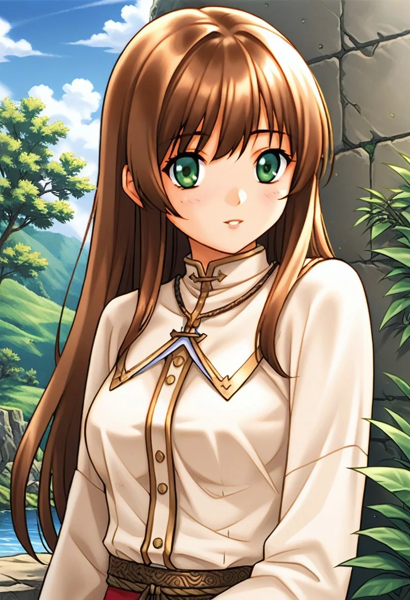 score 9, score 8 up, source anime, masterpiece, best quality, detailed eyes, detailed face, 1girl, solo, outdoors,
cellkkr, green eyes, brown hair, long hair, bangs, medium breasts