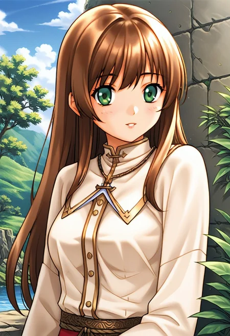 score 9, score 8 up, source anime, masterpiece, best quality, detailed eyes, detailed face, 1girl, solo, outdoors,
cellkkr, green eyes, brown hair, long hair, bangs, medium breasts