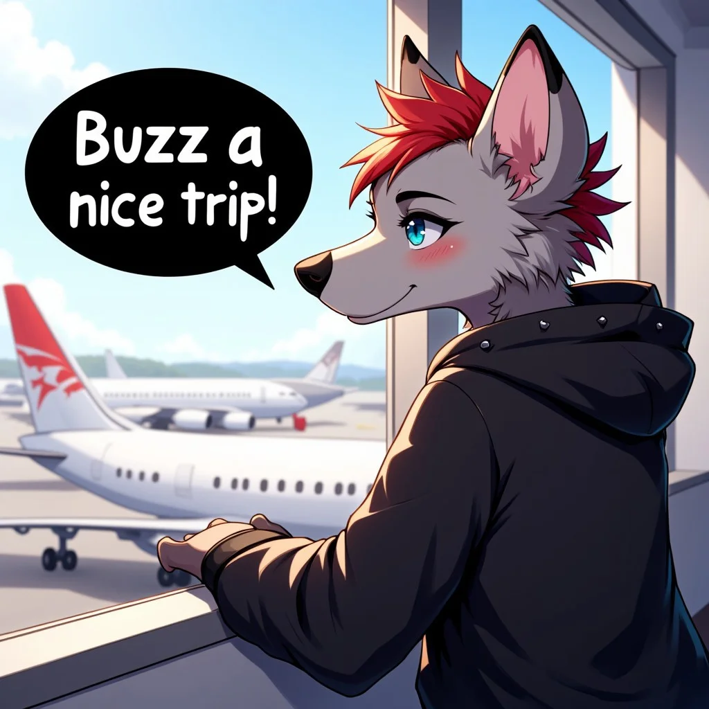 the words in a black word bubble with white text saying. Buzz for a nice trip.
female hyena with blue eyes red hair undercut hairstyle grey fur, black spots wearing a spike collar black hoodie. She is looking out a window in a airport