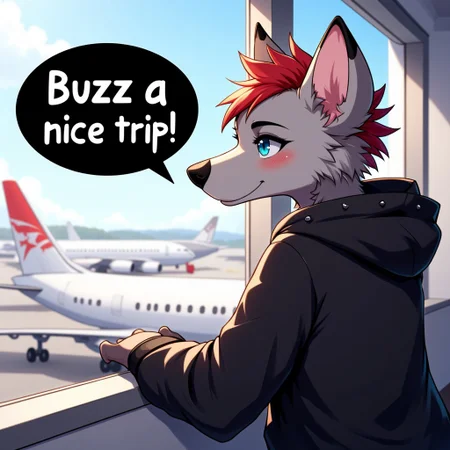 the words in a black word bubble with white text saying. Buzz for a nice trip.
female hyena with blue eyes red hair undercut hairstyle grey fur, black spots wearing a spike collar black hoodie. She is looking out a window in a airport