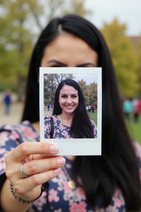 A woman, Ezada, is holding a Polaroid photo of herself in front of her face. The background of the image is blurred, showing a park or outdoor setting with trees and people in the distance. The focus is on the Polaroid, creating a visual contrast between the sharp, happy image in the photo and the blurred, real-life background behind it.<lora:Mistress_Ezada_Sinn:1>âââ
