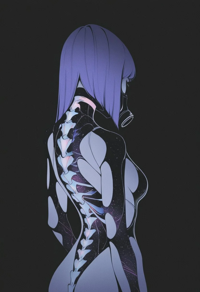 1girl, solo, MF9f, aGl0, dhjs, glowing mechanical spine, translucent body, biomechanical anatomy, neon blue circuits, black and purple hair in messy style, missing one arm, futuristic gas mask, wires connected to body, sci-fi cybernetics, digital augmentation, dark background, soft moody lighting, back view, sleek techwear, synthetic skin, futuristic medical experiment, high detail, anime cyberpunk art style, emotionally intense, surreal sci-fi