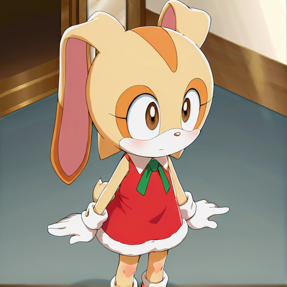 hi res, best quality, female, Score_9, score_8, score_7 BREAK, best anatomy, (solo), small body, young, petite, ultra detailed, short, (source_cartoon), (((show accurate))), (masterpiece), <lora:Cream_the_Rabbit:1>, cre@m_the_rabbit, furry, rabbit ears, two-tone fur, animal nose, brown eyes, rabbit girl, white gloves, official style, rabbit tail, 1girl, standing, Christmas outfit