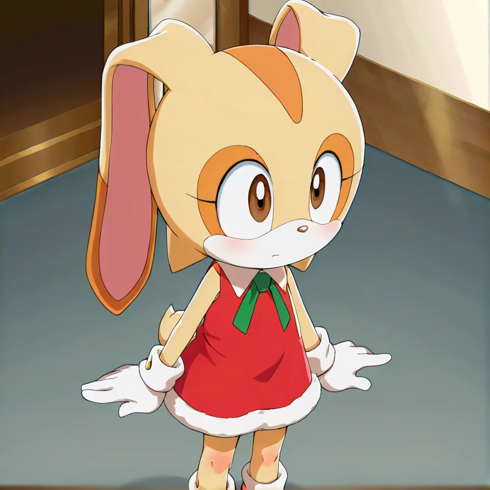 hi res, best quality, female, Score_9, score_8, score_7 BREAK, best anatomy, (solo), small body, young, petite, ultra detailed, short, (source_cartoon), (((show accurate))), (masterpiece), <lora:Cream_the_Rabbit:1>, cre@m_the_rabbit, furry, rabbit ears, two-tone fur, animal nose, brown eyes, rabbit girl, white gloves, official style, rabbit tail, 1girl, standing, Christmas outfit