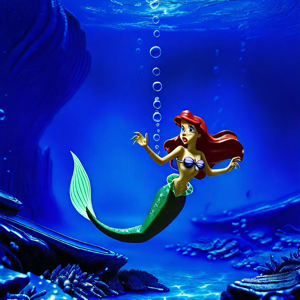 Arielillustrious,  3d anime style, special effect, underwater, shell bikini, mermaid tail, flowing hair, bubbles, action, depth of field, looking on side, lipstick, surprised,  mouth wide open, rocks, corals,  fishes