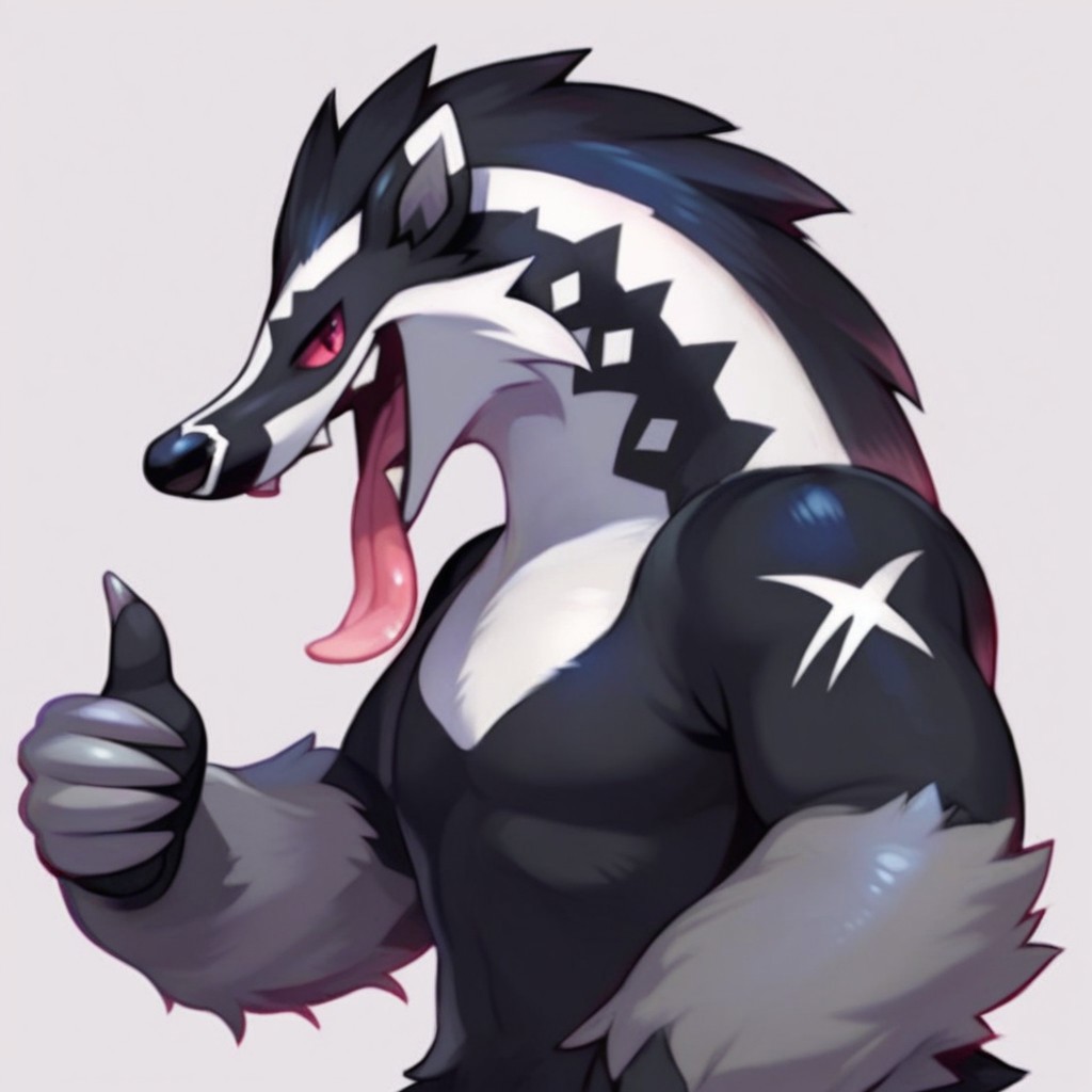 Score_7_up, score_8_up, in-game, detailed,
BREAK,
obstagoon, black and white fur, bushy fur, red eyes, thumbs up, claws, tongue, tongue out, simple background, upper body,