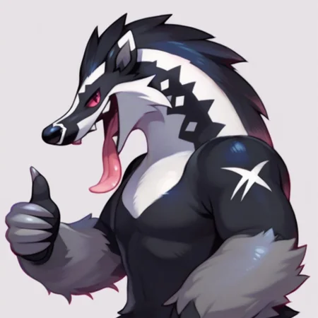Score_7_up, score_8_up, in-game, detailed,
BREAK,
obstagoon, black and white fur, bushy fur, red eyes, thumbs up, claws, tongue, tongue out, simple background, upper body,