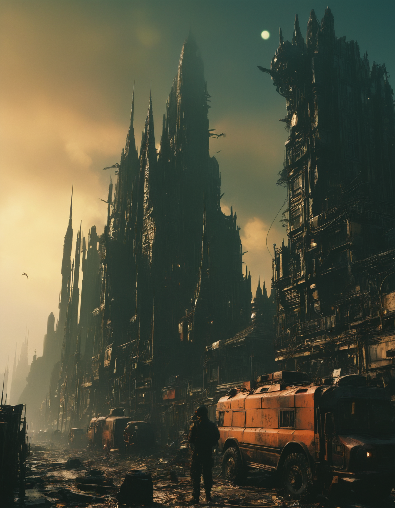 inspired by Stephan Martiniere, hyper realistic and  highly detailed  35mm shot of a horrifying alien landscape with an onyx black sci-fi mega city with bizarre sky high pillared buildings,  faded colors, atmospheric haze and dense fog, shot on polaroid film, movie still,  black, dark, dimmed and dramatic backlight, masterful, bold lines, limited color palette, high contrast, depth of field, bokeh, (intricate details, masterpiece, best quality:1.4), 
<lora:- SDXL - vntblk_vanta_shapes_V1.0:0.6>