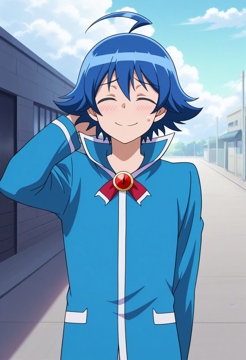masterpiece,best quality,amazing quality, source_anime,
IrumaSuzuki, 1boy, male focus, solo, closed eyes, blue hair, ahoge, hair between eyes, school uniform, jacket, blue jacket, popped collar, brooch, bowtie, long sleeves, hand behind head, smile, embarassed, blush, sweatdrop,
outdoor, sky, day, clouds,
