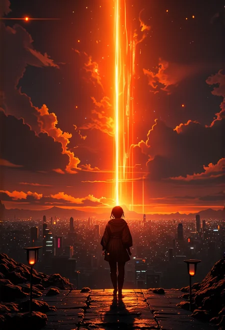 An awe-inspiring sunset scene of sun rays breaking through misty clouds, with a city skyline sparkling below in the background. The lighting casts vivid, golden highlights, enhancing the surreal beauty of the landscape. The figure is dressed in a futuristic outfit, adding a sense of wonder. Small details, like lanterns scattered around, bring an extra layer of magic and realism to the scene.}bv-stuanilan<lora:bv-stunning-anime-landscape-v1.safetensors:1.0:1.0>