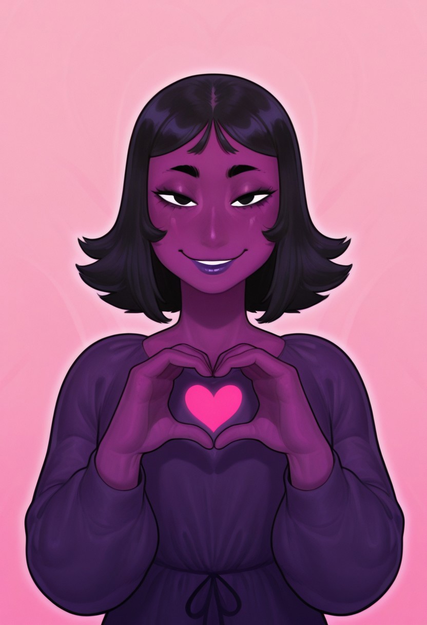 mrfuga, 1girl, solo, medium build, medium hair, sfw, safe for work, covered skin, flowy dress,  black eyes, purple lipgloss, smiling, portrait, upper body, heart hands, foreshortening