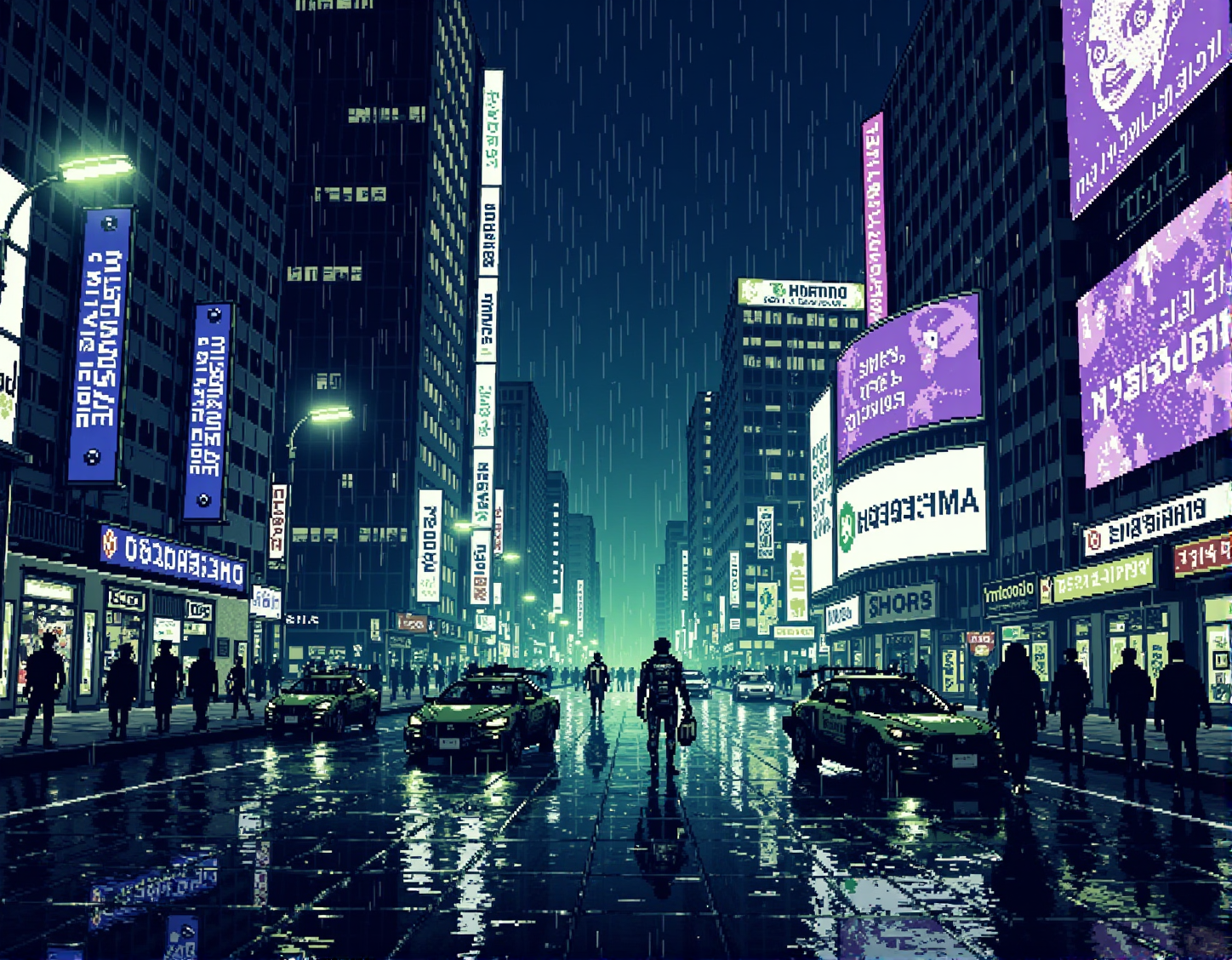 ck-8bit-gameboy. The bustling, rain-soaked streets of Tokyo are lit by floating holographic advertisements casting electric violet and green over the wet pavement. Cybernetic pedestrians hurry under flickering streetlights, their glowing visors reflecting in the puddles. The constant hum of hovercars fills the air as they zoom past massive holographic displays, bathing the scene in an intense mix of neon colors., <lora:ck-8bit-gameboy-style.safetensors:1.0:1.0>