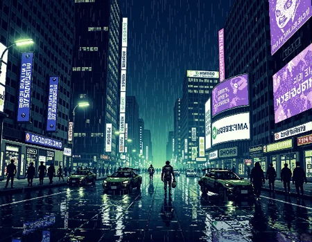 ck-8bit-gameboy. The bustling, rain-soaked streets of Tokyo are lit by floating holographic advertisements casting electric violet and green over the wet pavement. Cybernetic pedestrians hurry under flickering streetlights, their glowing visors reflecting in the puddles. The constant hum of hovercars fills the air as they zoom past massive holographic displays, bathing the scene in an intense mix of neon colors., <lora:ck-8bit-gameboy-style.safetensors:1.0:1.0>