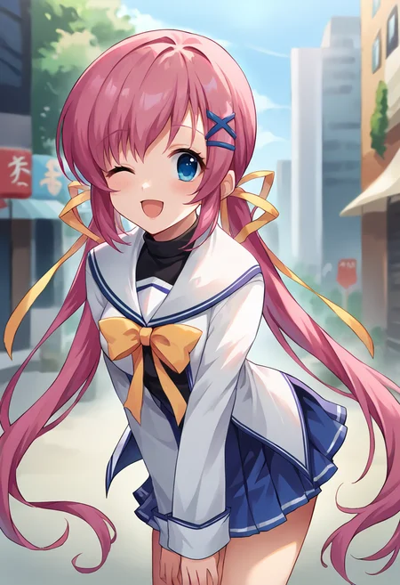 score_9, score_8_up, score_7_up, masterpiece, source_anime, 1girl, ct_nanaka, blue eyes, pink hair, twintails, long hair, x hair ornament, hairclip, hair ribbon, white serafuku, black turtleneck, white sailor collar, yellow neck ribbon, puffy long sleeves, blue skirt, one eye closed, happy, leaning forward, looking at viewer, outdoors, city, depth of field, cowboy shot, <lora:ShirakawaNanaka_Pony_ct:1>