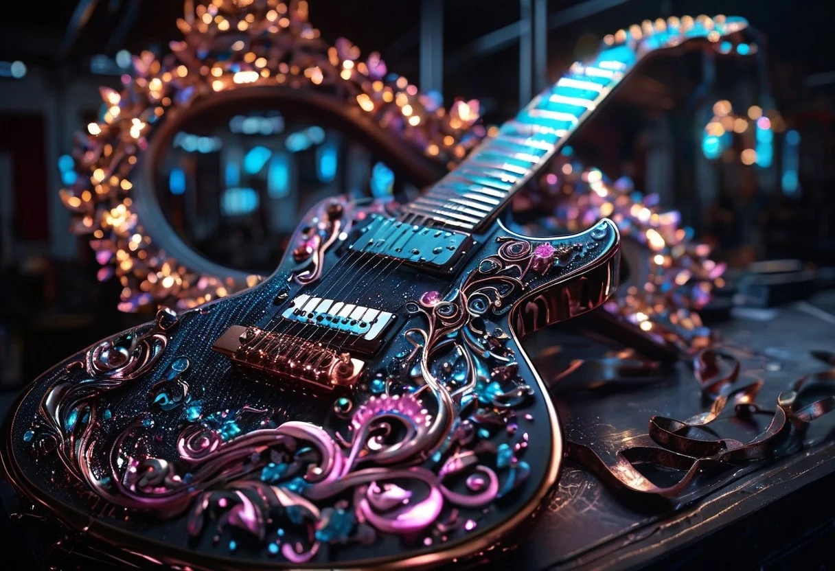 RAW photo of a very detailed reflective guitar with whimsical elements, dark studio, magical glowing podium, the rom is dark, only light of source is the guitar, cyan and pink neon, complimentary colors, reflective enviroment, spot lights, fantasy style, 90% black and 10% gold colors, big white diamonds on the guitar, strong depth of field, darkness, dramatic light, dusty black theme, intricate details, ultra sharp, exquisite detail, flawless composition, vivid colors, masterpiece, exciting background, timeless elegant and Exquisite Copper Ornaments