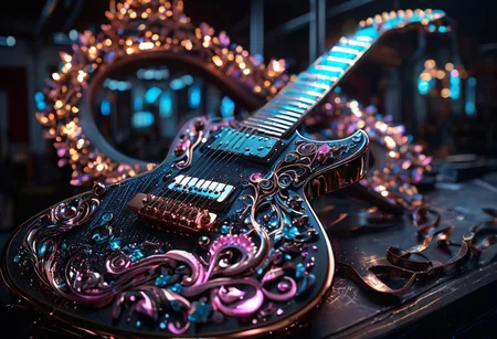 RAW photo of a very detailed reflective guitar with whimsical elements, dark studio, magical glowing podium, the rom is dark, only light of source is the guitar, cyan and pink neon, complimentary colors, reflective enviroment, spot lights, fantasy style, 90% black and 10% gold colors, big white diamonds on the guitar, strong depth of field, darkness, dramatic light, dusty black theme, intricate details, ultra sharp, exquisite detail, flawless composition, vivid colors, masterpiece, exciting background, timeless elegant and Exquisite Copper Ornaments