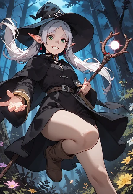 score_9, score_8_up, score_7_up, score_6_up, portrait, 1girl, Frieren, elf ears, small breasts, plant, flower, green eyes, white hair, long hair, twintails, thick eyebrows, earrings, dynamic angle, forest, night, mist, witch, forest witch, witch clothes, witch staff, glowing hair, glowing hat, glowing staff, magic, casting, flying, in the air, leg up, grin, casting spell, dark magic, light beam, dimmed light, from below