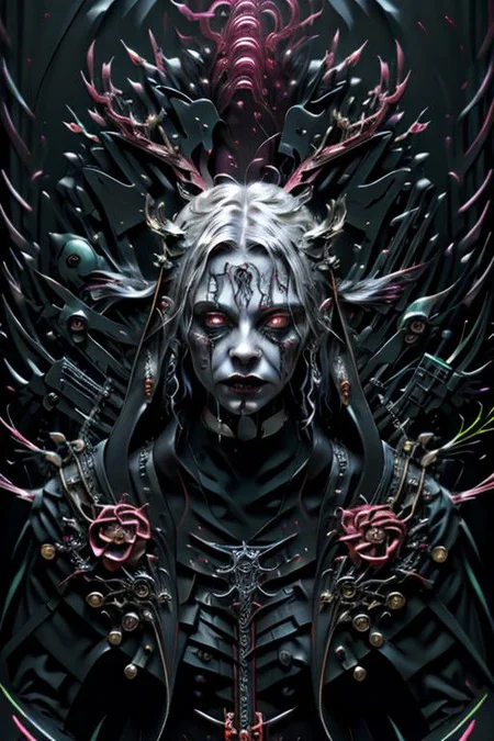 veins growing and pumping blood, pale gothic evil king, vascular networks growing, hand painting, oozing thick neon rainbow blood, real blood, giger, peeled flesh, by artist ross tran, vaporwave, sleek, symbolist, artstation, elegant, majestic, painterly