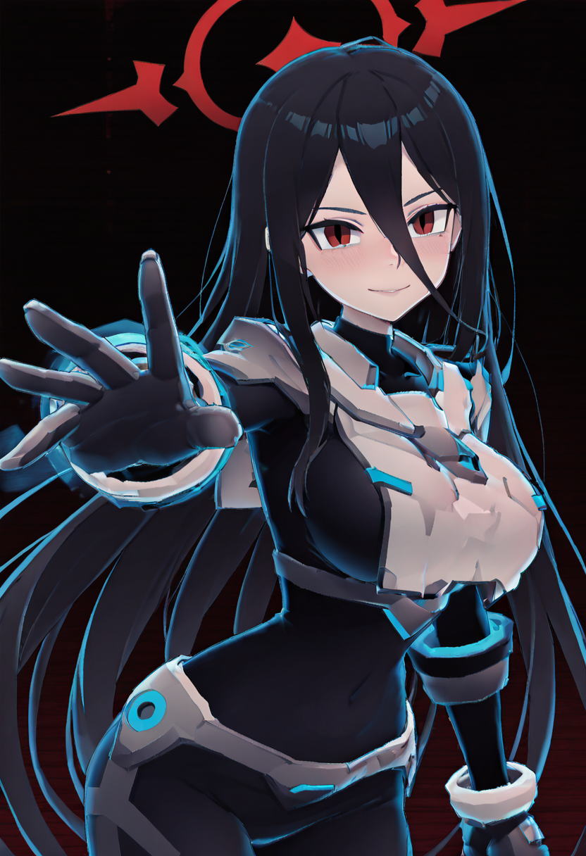 masterpiece, best quality, solo, curvy, beautiful eyes, narrow waist, wide hips, 1girl, solo, smile, looking at viewer,   zzHasumi, red eyes, hair between eyes, black hair, long hair, red halo,    <lora:HanekawaHasumiBlueArchive_IXL_v1:1.0>, , smile, looking at viewer, cowboy shot, dynamic pose,  zzCodeV, bodysuit, neon trim, armor, black bodysuit, dynamic pose, foreshortening, shiny, <lora:CodeVSnG_IXL:1.0>,