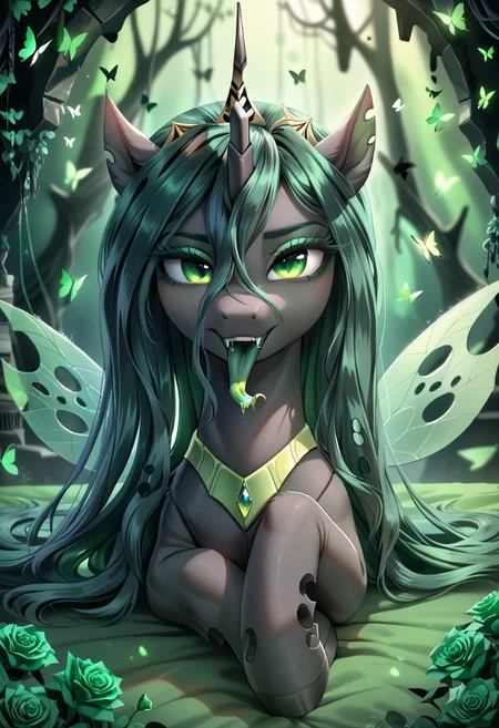 masterpiece, score_9, score_8_up, score_7_up, score_6_up, (best quality:1.1), ultra-detailed, high resolution, (solo), (1WOMAN), (ALICORN PONY), (GODDESS CHRYSALIS) ((long cerulean hair:1.2)), (highly detailed pony face:1.4), (beautiful detailed green shiny slitted eyes), (long luscious eyelashes:1.4), (detailed hair:1.5), (shiny black fur:1.5), (shiny skin:1.5), (seductive smile:1.5), (green royal regalia with holes:1.5), ((highly detailed green hive background:1.5)), (green changeling hive background:1.5) ((green butterflies all around her:1.5)), (green roses all around her:1.5), (dynamic pose:1.4), (green long tongue:1.6), (tongue out:1.5), (green blush:1.5), (laying down in green bed:1.5), high quality, sharp, the quality of ai art is frightening, highly detailed, Highly Visible, sharp focus, high detail, detailed background,