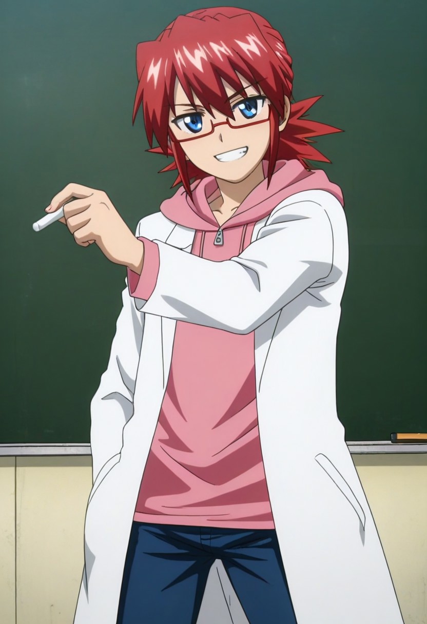 High quality, high definition, very clear, perfect eyes, perfect anatomy, anime, anime screencap, anime coloring, anime official art, 1male only, 1boy only, male focus, solo male, handsome, very attractive male, sexy, cute, charming, front view, front shot, facing viewer, looking at viewer, cowboy shot, head to hips shot, ((tall body, tall height, lean figure)), Junichirou Kagami, red hair, tied hair, blue eyes, glasses, pink hooded undershirt, long sleeves, long white lab coat, blue pants, classroom, black board, ((holding chalk)), ((dynamic shot, dynamic pose, dynamic angle)), smile showing teeth, confident pose