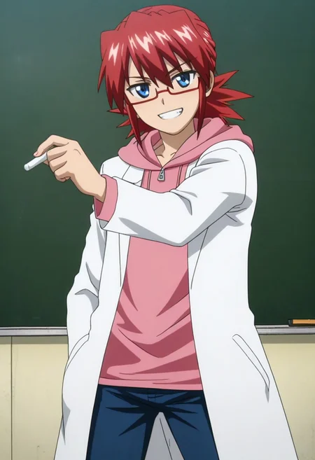 High quality, high definition, very clear, perfect eyes, perfect anatomy, anime, anime screencap, anime coloring, anime official art, 1male only, 1boy only, male focus, solo male, handsome, very attractive male, sexy, cute, charming, front view, front shot, facing viewer, looking at viewer, cowboy shot, head to hips shot, ((tall body, tall height, lean figure)), Junichirou Kagami, red hair, tied hair, blue eyes, glasses, pink hooded undershirt, long sleeves, long white lab coat, blue pants, classroom, black board, ((holding chalk)), ((dynamic shot, dynamic pose, dynamic angle)), smile showing teeth, confident pose
