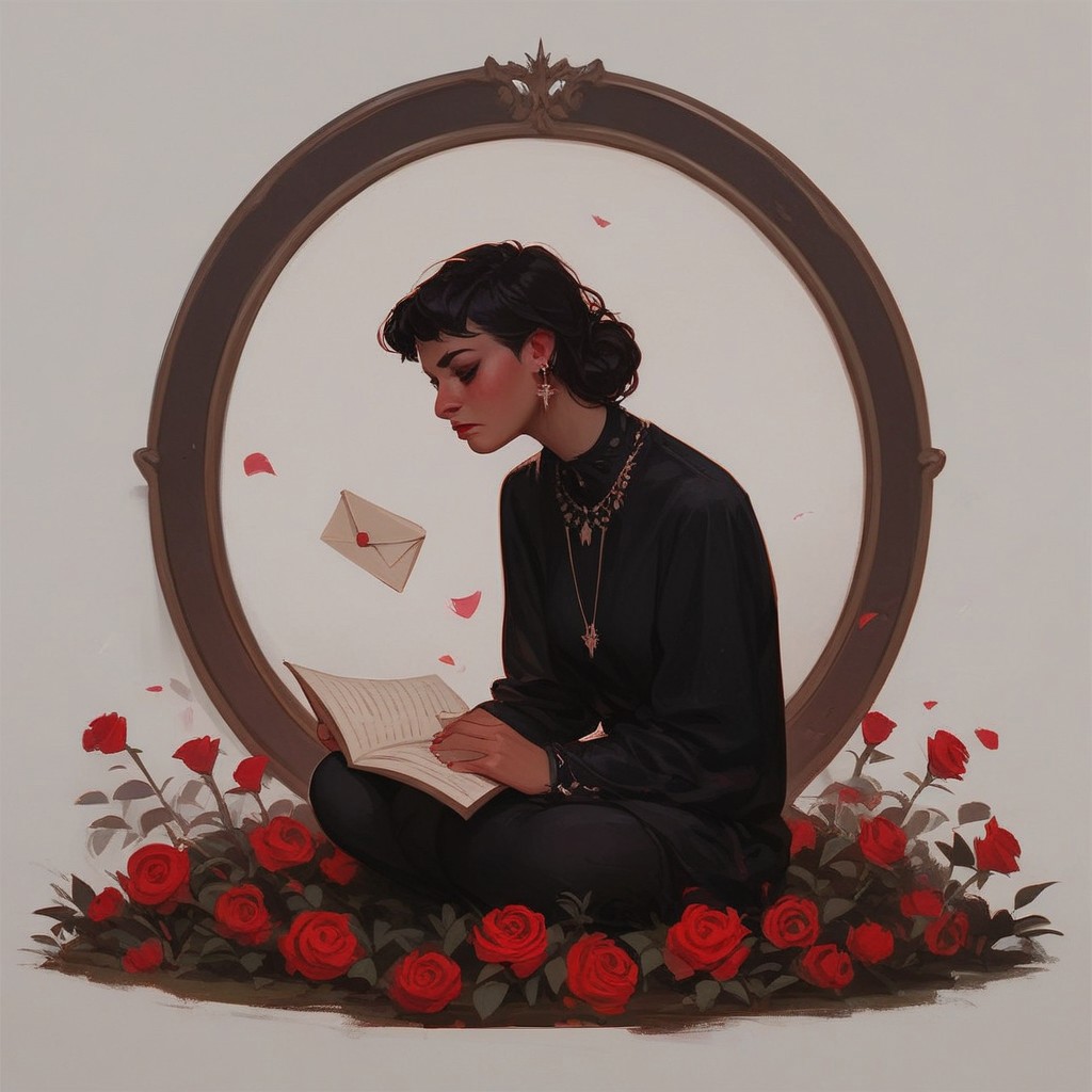 score_9, score_8_up, score_7_up, full body picture, one woman, melancholy picture of a pretty young woman mourning her lost love, reading a love letter,
(twilight), melancholic mood, a field of red roses in the background, red and pink colors,