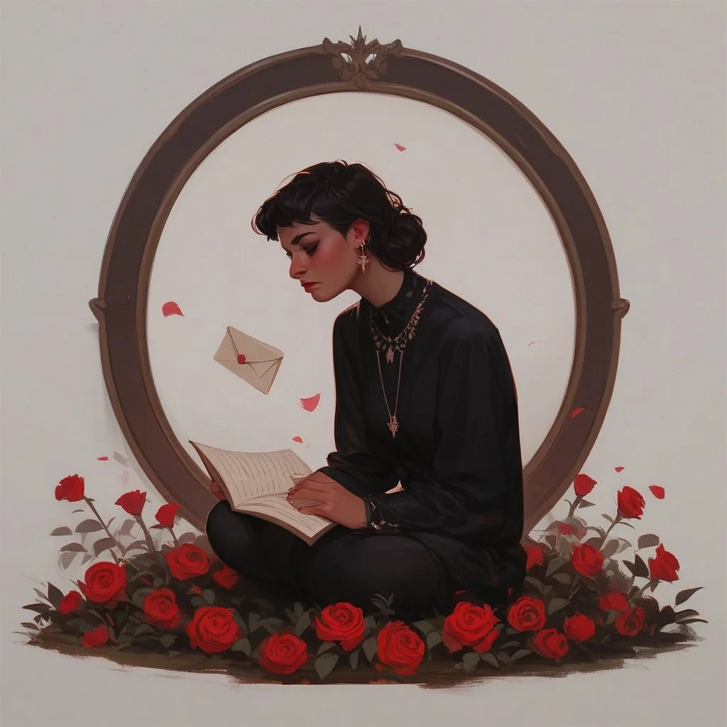 score_9, score_8_up, score_7_up, full body picture, one woman, melancholy picture of a pretty young woman mourning her lost love, reading a love letter,
(twilight), melancholic mood, a field of red roses in the background, red and pink colors,