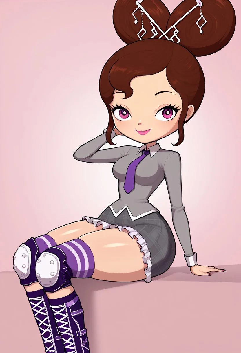 score_9, score_8_up, score_7_up, deep skin, shiny skin, skindentation, source_anime, high quality, highres, solo, (curvy), ((wide hips)),, thick thighs, cute, , sexy, medium breasts, HJ5KKH_Music, 1girl, brown hair, magenta eyes, double buns, hair ornament, uniform, grey shirt, collared shirt, pink lipstick, grey skirt, long sleeves, purple necktie, frilled skirt, plaid skirt, purple knee pads, purple stockings, big head, smile, closed mouth,