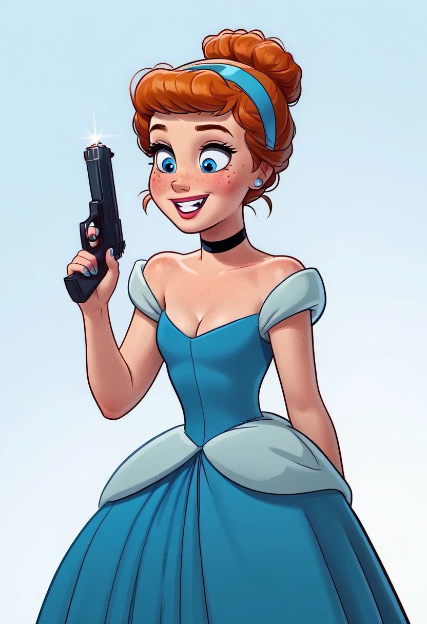 score_9, score_8_up, score_7_up, score_6_up, rating_safe, 1girl, 18yo anna, blue eyes, freckles, hair bun, hairband, makeup, bare shoulders, blue dress, long skirt, princess, choker, cleavage, cutest girl in the world, cutest girl in the world, cute cheeks, thigh gap, petite, freckles, freckled girl, bubble butt, kinky, adorable, petite, round face, skinny, smiling, adorable, holding pistol with a silencer, CinderellaXLP
dark alley background, detailet background