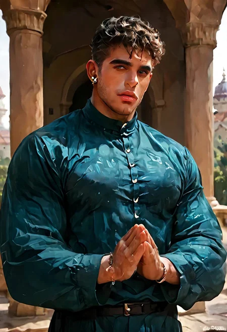 score_9, score_8_up, score_7_up, score_6_up, score_5_up, score_4_up, beautiful Muslim man, handsome, huge biceps, earrings, black, looking at viewer, shy male, male bangles, jewelry, puffy lips, thick thighs, standing, (praying in a mosque), Salah, fully clothed, covered body, conservative clothes,
BREAK
score_9, score_8_up, score_7_up, score_6_up, source_cartoon, (best quality, masterpiece, aesthetic, perfect details,realistic:1.2),aaPO8m1n1