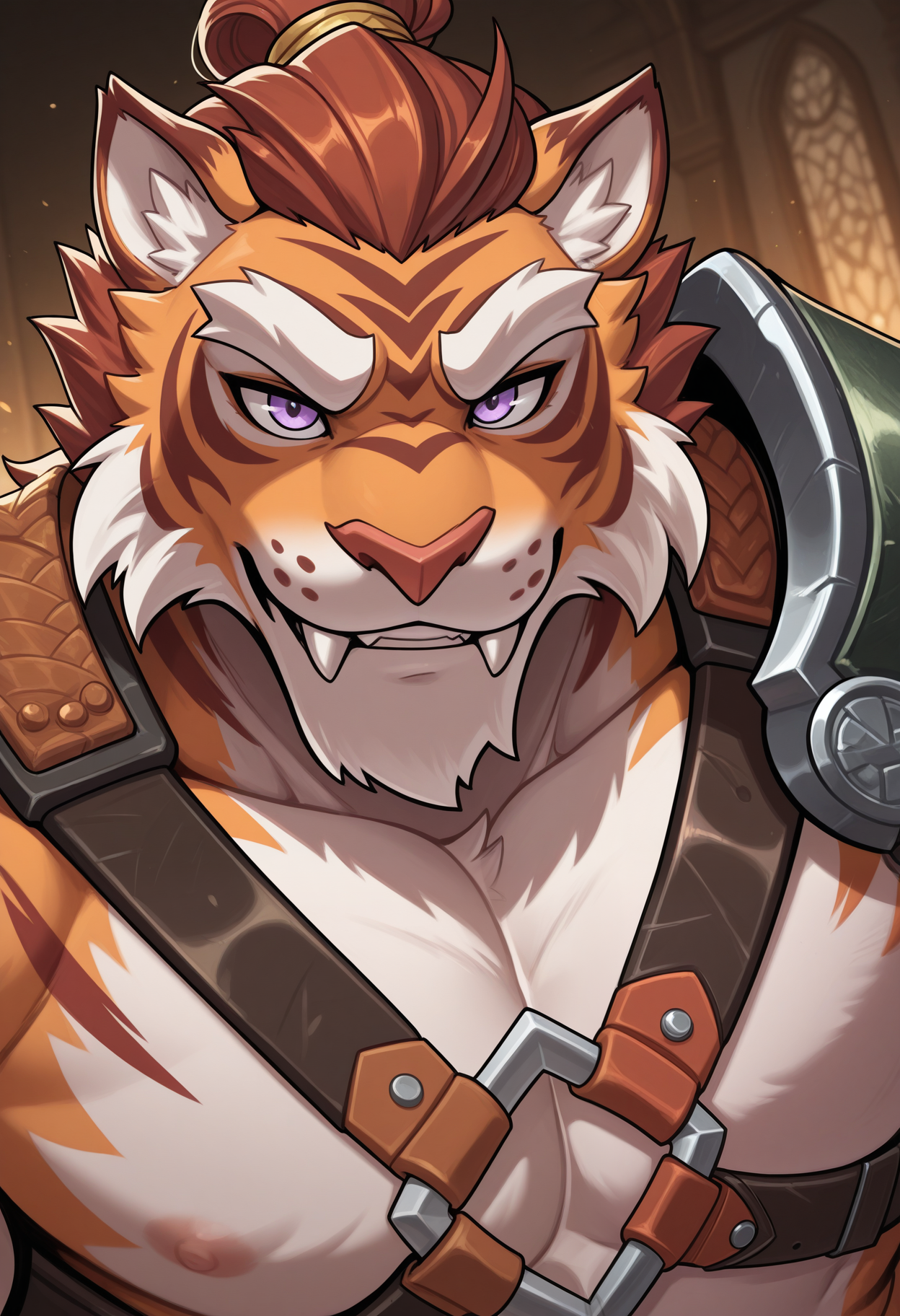 masterpiece,best quality,amazing quality, 1boy, solo, t1b3r1us, tiger boy,  chest harness, single green pauldron, purple eyes, close up, side angle,