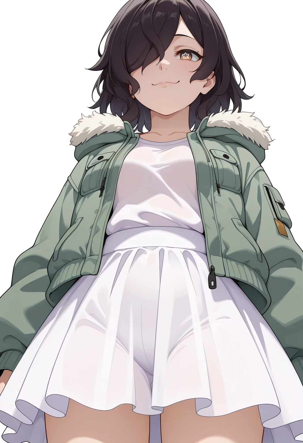Smooth Quality,masterpiece,very intricate, high quality details, ultra realistic, high detailed skin,detailed enviorement,absurdres,
simple background, white background,
,from below,troll face,envy,
parka, ,see-through shirt, ,balloon skirt, , <lora:Kiclacnn:0.7> Kiclacnn, 1girl, black hair, brown eyes, symbol-shaped pupils, short hair, hair over one eye,