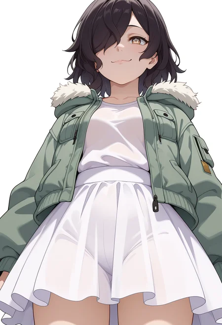 Smooth Quality,masterpiece,very intricate, high quality details, ultra realistic, high detailed skin,detailed enviorement,absurdres,
simple background, white background,
,from below,troll face,envy,
parka,  ,see-through shirt,  ,balloon skirt,  , <lora:Kiclacnn:0.7> Kiclacnn, 1girl, black hair, brown eyes, symbol-shaped pupils, short hair, hair over one eye,