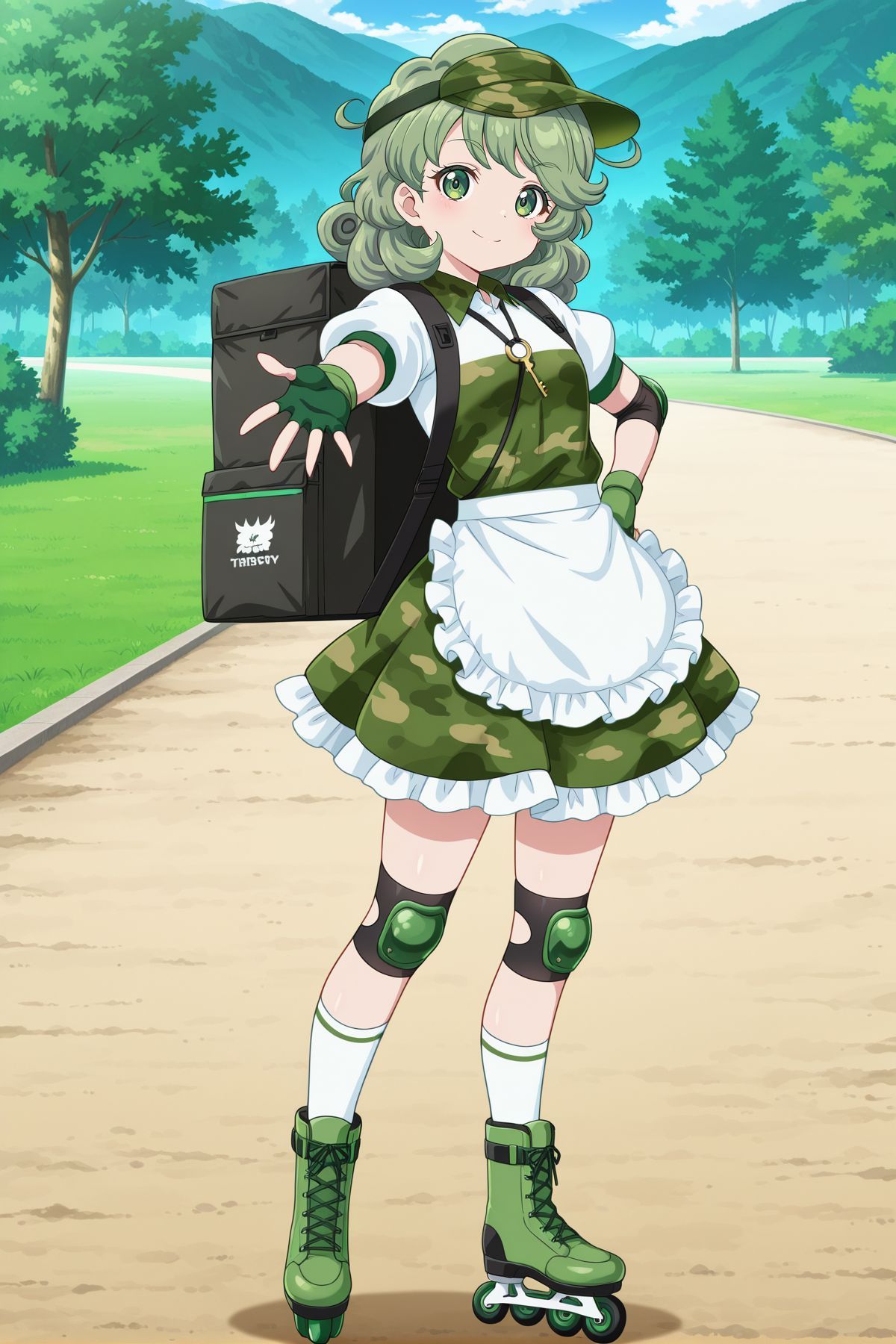 absurdres, highres, masterpiece, best quality, amazing quality, official anime artwork, screencap, anime screencap, outdoors, looking at viewer, light smile, dynamic pose, standing,
<lora:Takane-Yamashiro_Illustrious:1> yamashiro takane, 1girl, solo, green eyes, green hair, medium hair,, yamashiro takane \(forest fried delivery\), alternate costume, green headwear, flat cap, visor cap, key, white shirt, collared shirt, puffy short sleeves, camouflage dress, white apron, frilled apron, waist apron, elbow pads, green gloves, fingerless gloves, backpack, black bag, insulated delivery bag, knee pads, white socks, green boots, skates,
