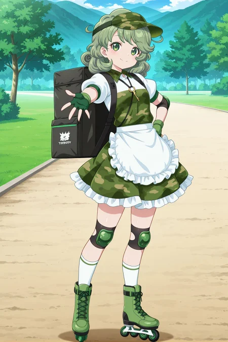 absurdres, highres, masterpiece, best quality, amazing quality, official anime artwork, screencap, anime screencap, outdoors, looking at viewer, light smile, dynamic pose, standing,
<lora:Takane-Yamashiro_Illustrious:1> yamashiro takane, 1girl, solo, green eyes, green hair, medium hair,, yamashiro takane \(forest fried delivery\), alternate costume, green headwear, flat cap, visor cap, key, white shirt, collared shirt, puffy short sleeves, camouflage dress, white apron, frilled apron, waist apron, elbow pads, green gloves, fingerless gloves, backpack, black bag, insulated delivery bag, knee pads, white socks, green boots, skates,