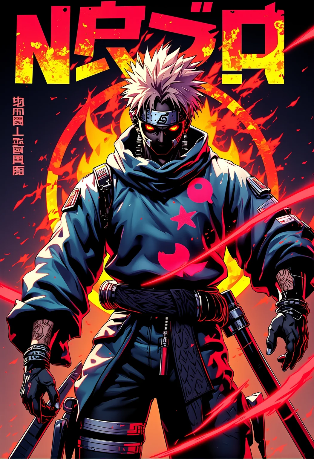 In the style of cartoon, a anime hero like Naruto, (with the text "Neon Art Style" prominently displayed in the upper part of the image in cyberpunk font:1.5 )., <lora:bv-neoartsty.safetensors:1.0:1.0>