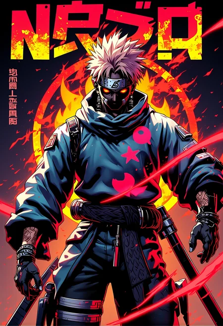 In the style of cartoon, a anime hero like Naruto, (with the text "Neon Art Style" prominently displayed in the upper part of the image in cyberpunk font:1.5 )., <lora:bv-neoartsty.safetensors:1.0:1.0>