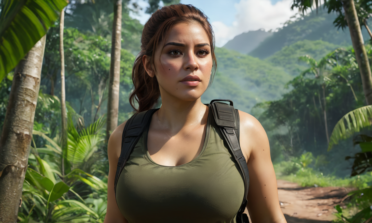 a woman walking in a jungle,  mole,  brown hair,  best quality, photorealistic, masterpiece, raw image, skin pores, detailed skin,  Latina, dramatic lighting, looking at the viewer, vibrant color,  luciagta6sdxl, full body,   <lora:luciagta6sdxl:1>, ponytail, tactical outfit, bulletproof vest, military outfit, boots, rifle, sweaty