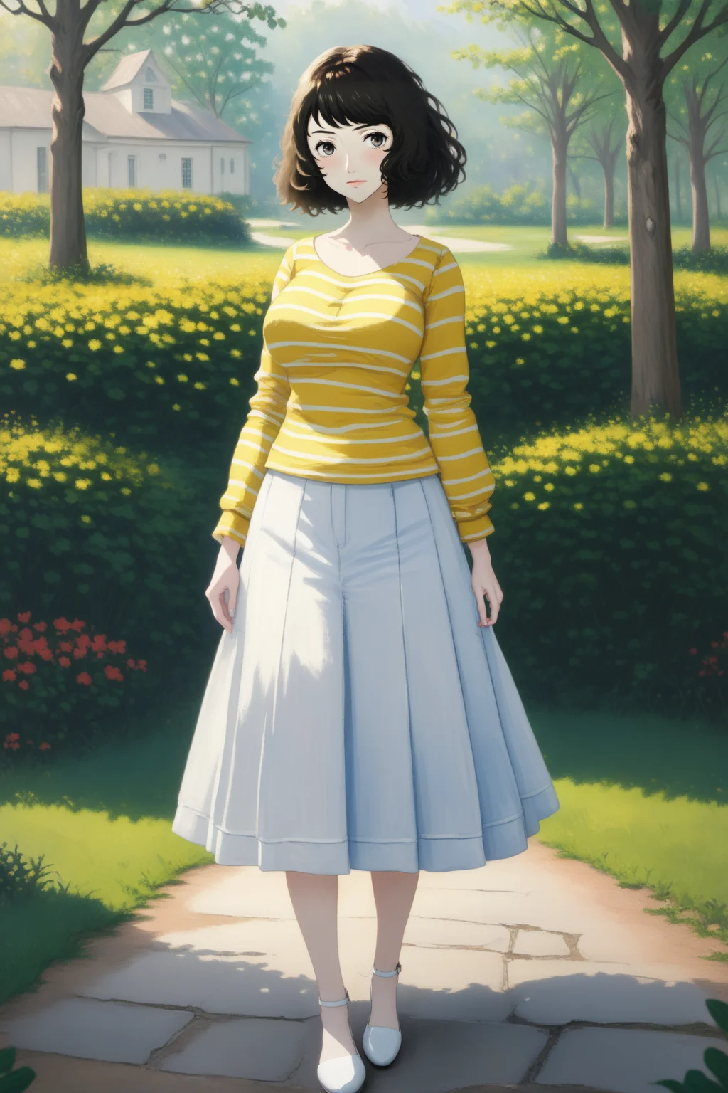 portrait of a girl walking on a path in a village, art by Monet, (HDR, raytracing, highest quality:1.3)
BREAK wearing a yellow striped shirt with long sleeves, white high heels, jean skirt
BREAK Kawakami Sadayo, short messy hair <lora:Victorian_Anime_Art_XL:1> <lora:sdxl_lcm_lora:1> <lora:Double_double:1>