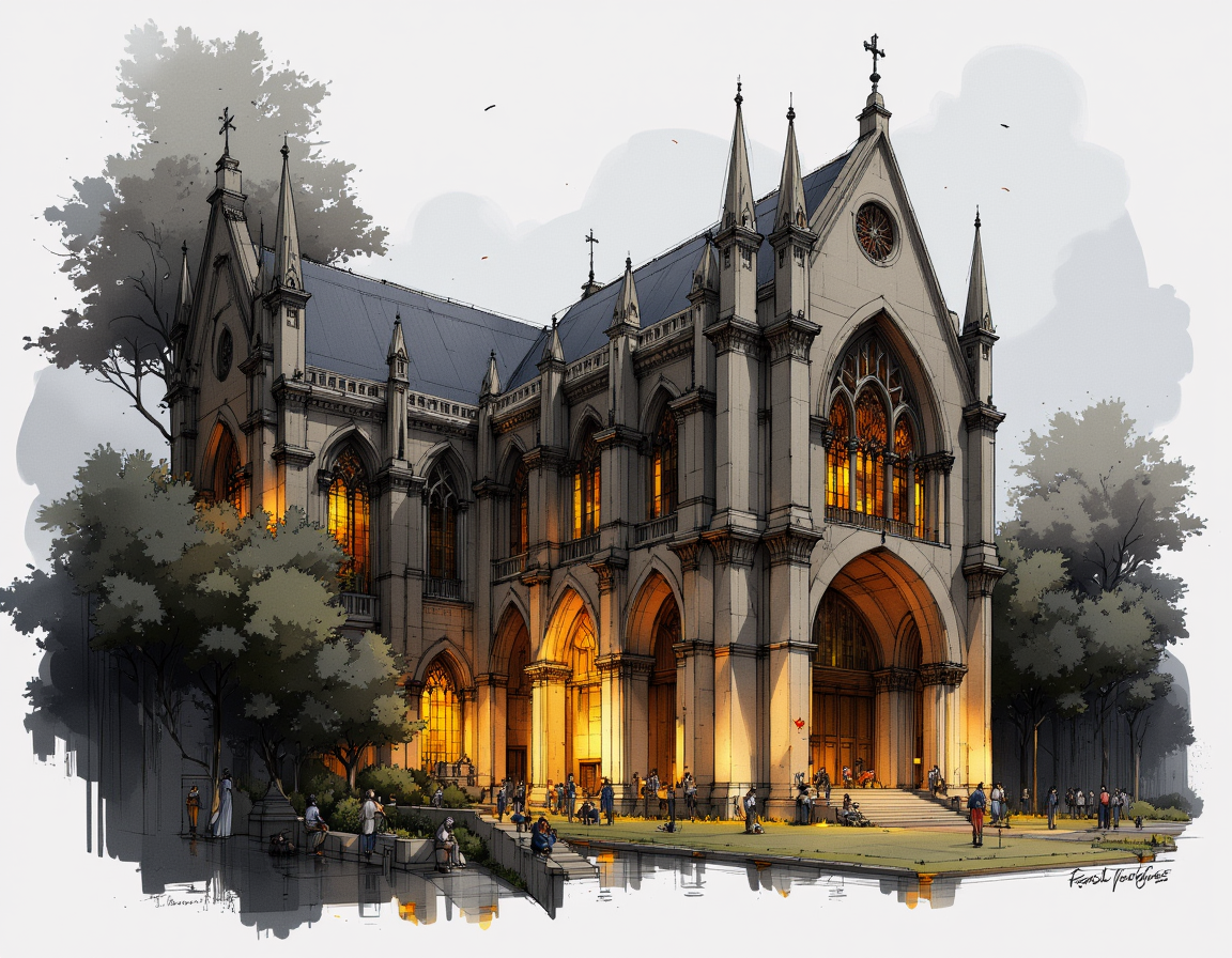 An artistic architectural sketch of a gothic architecture. Masterpiece, best quality.
The site is lit by lighting professionals, illuminated by warm yellow lights, monochromatic with grey tones and soft yellow highlights, creating a subtle illumination effect. Schematic, fluid lines that convey ideas rather than precision, Quick sketches to explore ideas and concepts.