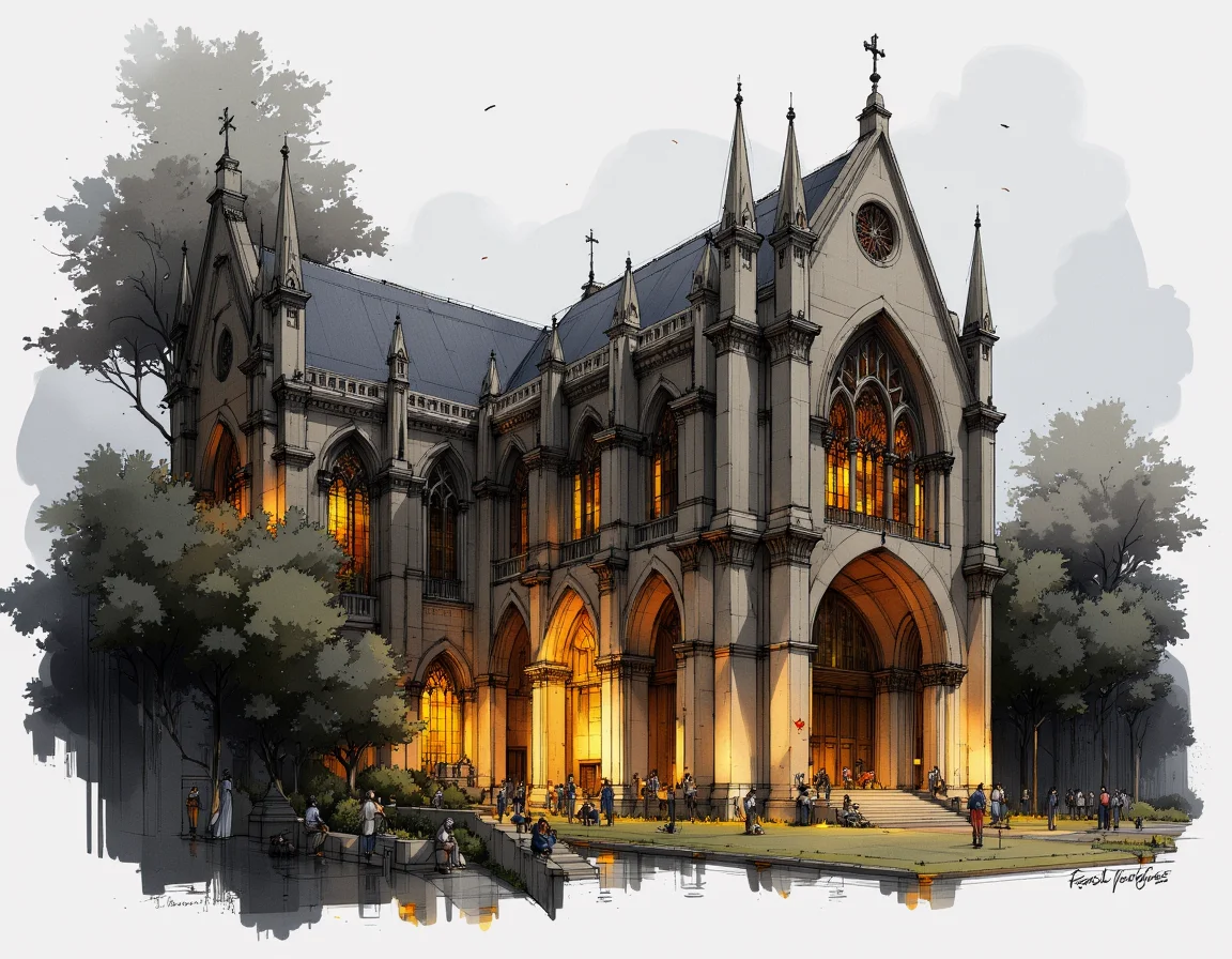 An artistic architectural sketch of a gothic architecture. Masterpiece, best quality.
The site is lit by lighting professionals, illuminated by warm yellow lights, monochromatic with grey tones and soft yellow highlights, creating a subtle illumination effect. Schematic, fluid lines that convey ideas rather than precision, Quick sketches to explore ideas and concepts.