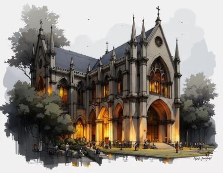 An artistic architectural sketch of a gothic architecture. Masterpiece, best quality.
The site is lit by lighting professionals, illuminated by warm yellow lights, monochromatic with grey tones and soft yellow highlights, creating a subtle illumination effect. Schematic, fluid lines that convey ideas rather than precision, Quick sketches to explore ideas and concepts.