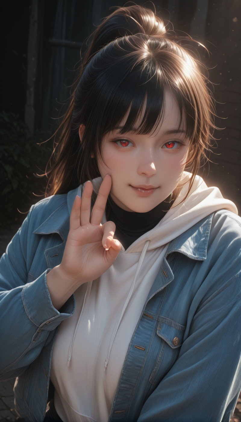 <lora:LCMTurboMix_Euler_A_fix:1> <lora:example_SDXL:0.3>, EZRealPONYXL, <lora:Dramatic Lighting Slider:3> <lora:realistic filter [IL]:1>
DSLR,realistic,cosplay photo, (very awa,masterpiece,best quality,year 2024,newest,absurdres,highres:1), realistic,skin texture,facial features, photography shot with Canon EOS 5D Mark IV , realistic, RAW, best quality, masterpiece, amazing quality, skin details,
1girl, highly detailed beautiful face, large natural breasts,
detailed background, shiny skin, dutch angle, night, moonlight,
beautiful detailed eyes, intricate details, absurdres, anime screencap,
<lora:YoakenoNanashi_Vtuber_kill0825:1>
VTNanashi, long hair, black hair, red eyes, fang, ahoge, sidelocks,
long sleeves, jacket, ponytail, thighs, open clothes, hood, mole, open jacket, sweater, black shirt, hoodie, hood down, blue jacket, denim, white hoodie, undershirt, denim jacket, shirt, turtleneck, front bang,
<lora:penetration-gesture-illustriousxl-lora-nochekaiser:1>, penetration gesture, sexually suggestive, ok sign, pointing, blush, from above, naughty face, smug, looking at viewer, upper body,